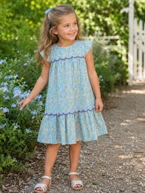 ROLLER RABBIT girls 100% Cotton Blue/Turquoise/Yellow girls embroidered dress  6